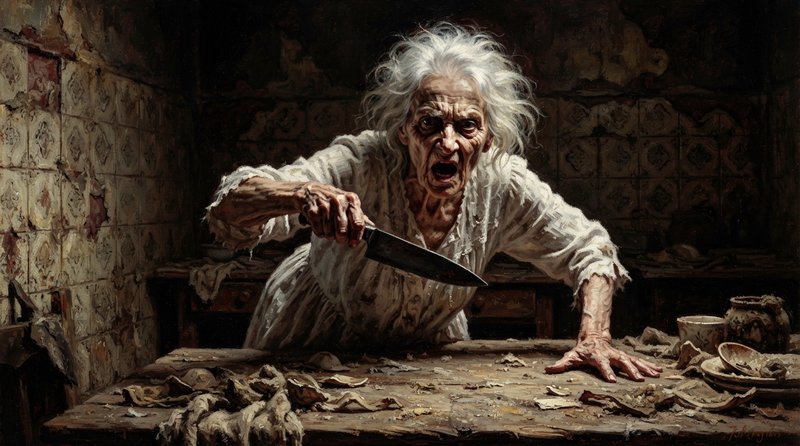 Frenzied elderly woman holds a sharp kitchen knife, leaning aggressively over a cluttered decaying table in a