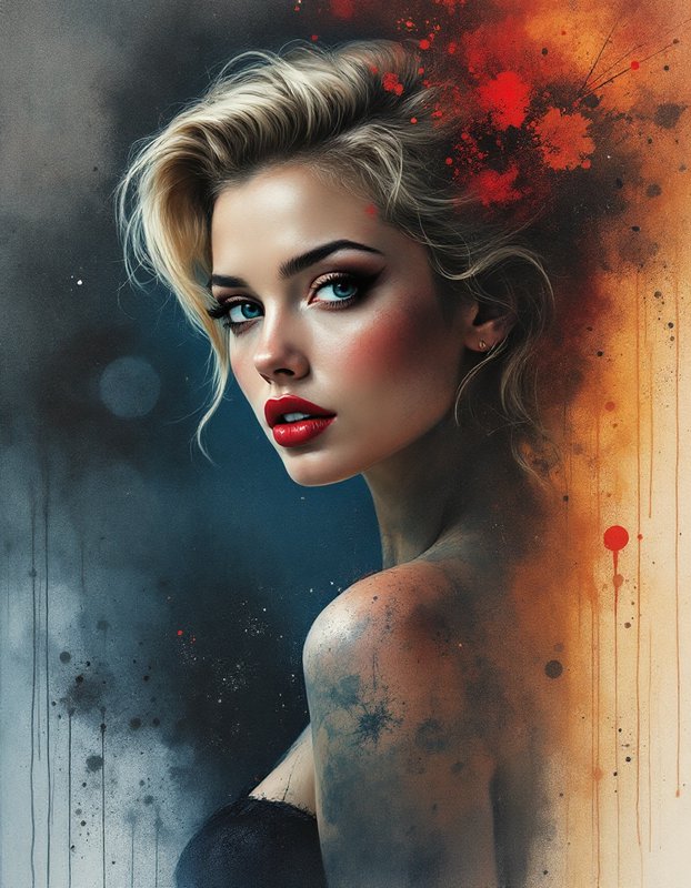 Painterly portrait of a glamorous blonde woman with bold red lipstick, framed by dramatic ink and paint splatter effects