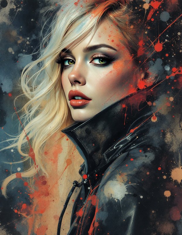 Artistic portrait of a platinum blonde woman with bright green eyes, accented with dynamic red paint splatters against a