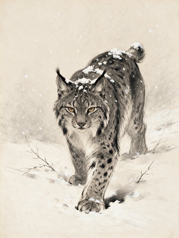 Delicate sketch of a Eurasian lynx walking through falling snow, staring directly at the viewer with bright golden eyes