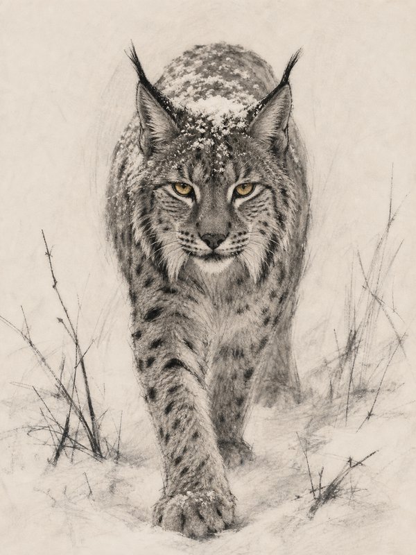Detailed graphite sketch of a Eurasian lynx walking through snow, golden eyes fixed on the viewer, snow dusting its fur