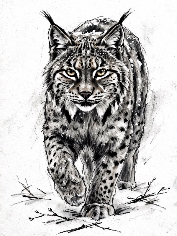 Ink sketch of a spotted Eurasian lynx walking through snow, with distinct ear tufts and pale golden eyes.