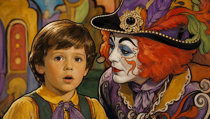 Painting of a wide-eyed young boy standing beside an elaborately costumed carnival jester in a whimsical fairytale setting.