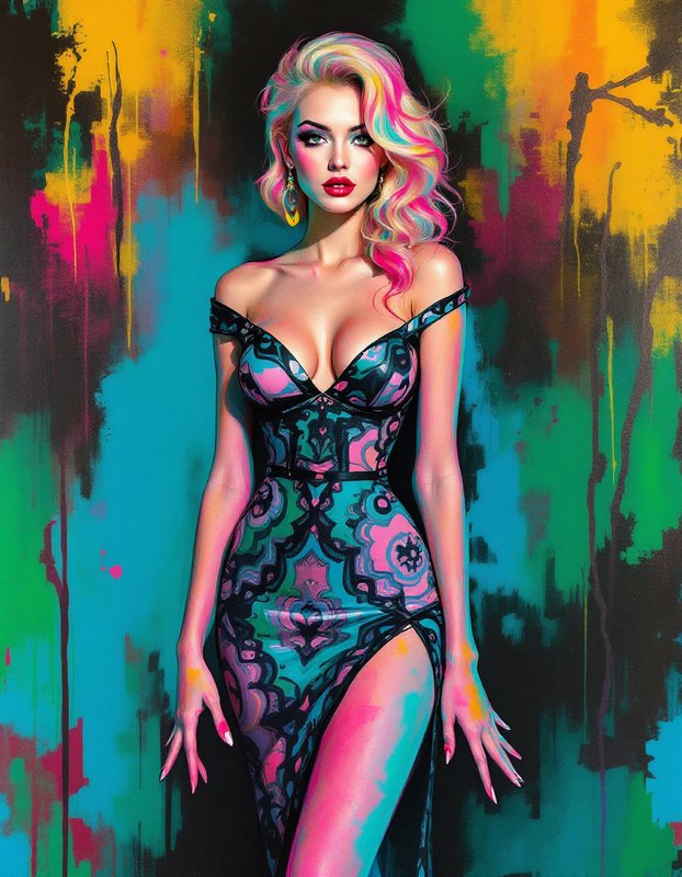 Pop art portrait of glamorous woman with pink streaked blonde hair in a formal gown against a vibrant abstract painted