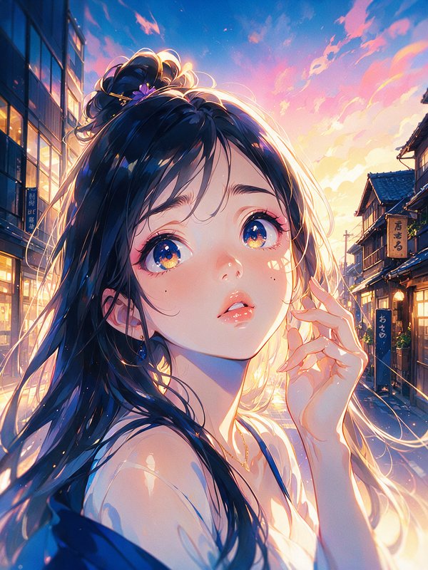 Close-up ethereal anime girl with long dark hair, standing on a Japanese city street under a pastel gradient sunset sky