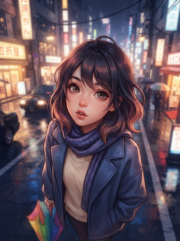 Anime young woman holding a rainbow umbrella stands on a rainy neon-lit Tokyo city street at night.