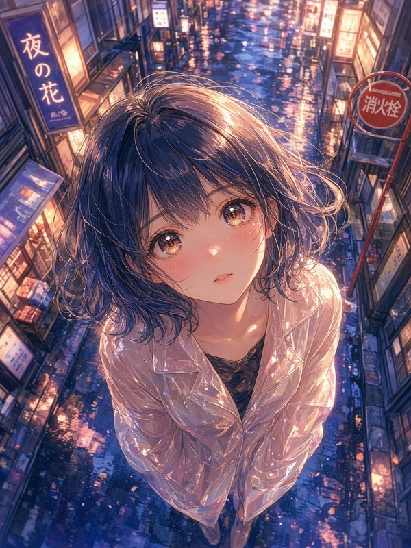 High-angle shot of blushing anime girl in clear rain jacket standing on wet neon-lit Japanese city street after rain