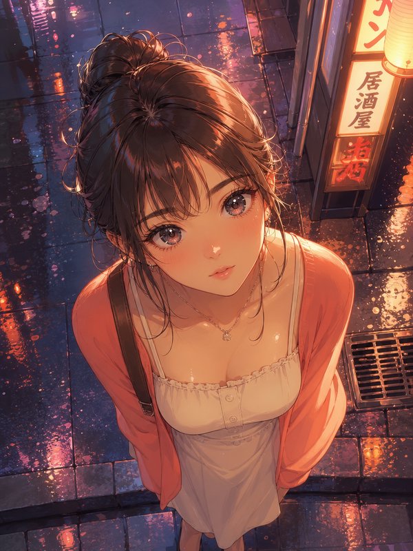 High angle view of soft anime young woman looking up, standing on rain-soaked Tokyo sidewalk near glowing izakaya night signs