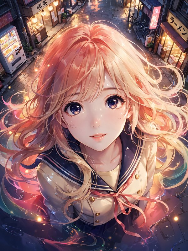 Anime school girl with flowing gradient peach-blonde hair looks up, set against a glowing wet Japanese city night street