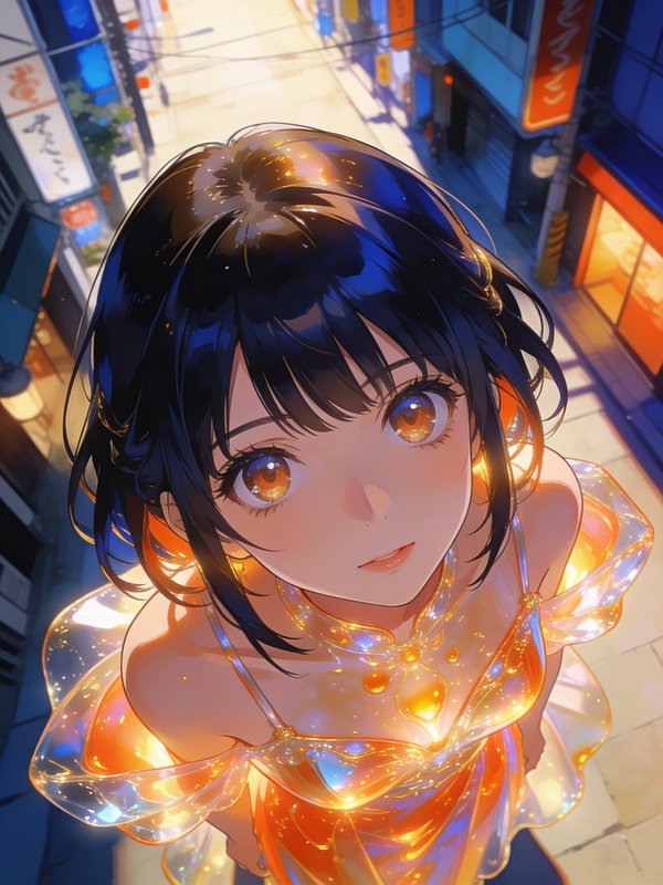 Close-up anime girl with short dark hair and amber eyes looks up, wearing a glowing translucent dress, above a sunlit