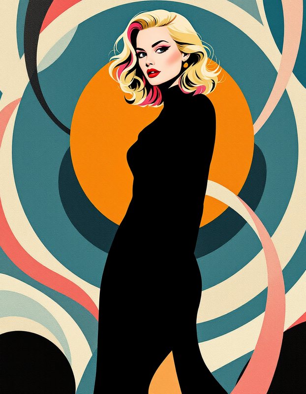Stylized retro pop art portrait of a blonde woman with pink hair streaks in a sleek black gown against an abstract