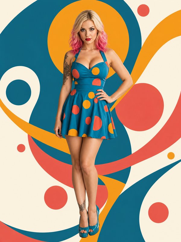 Pinup model with pink ombre hair wearing teal polka dot dress poses against retro abstract geomet...