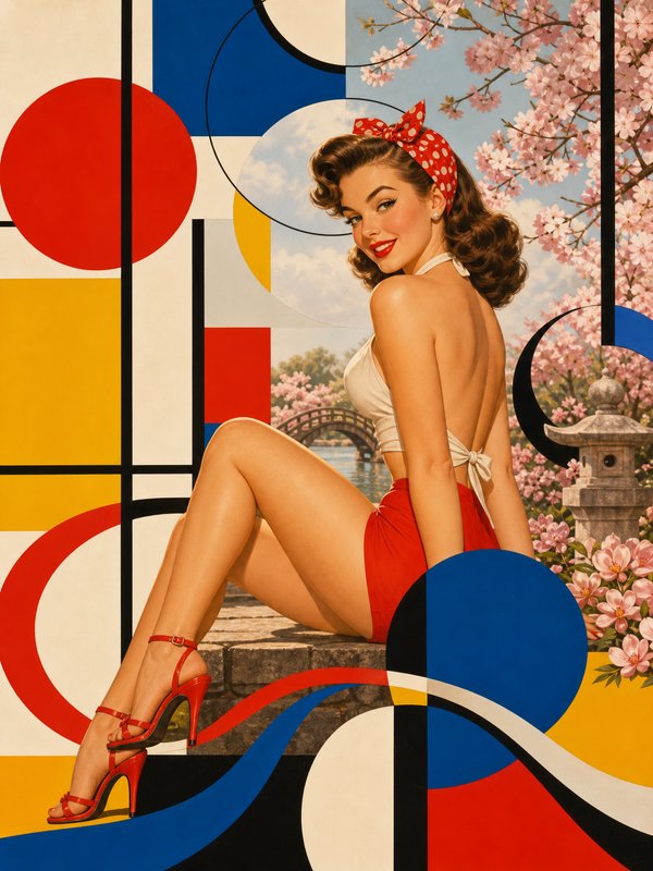 Surreal collage of retro pin-up woman blended with Mondrian geometric art and cherry blossom garden scenery