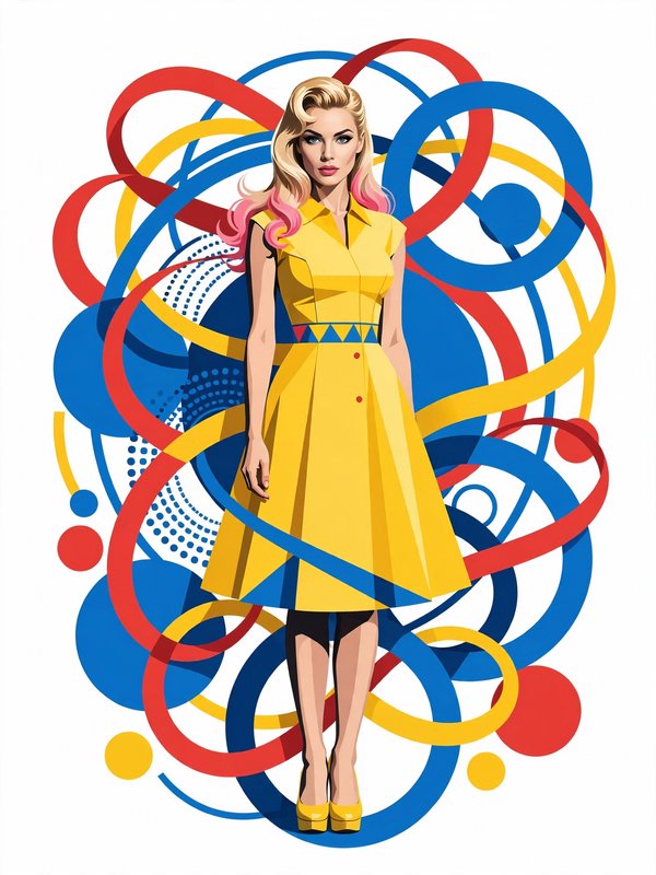 Pop art illustration of a blonde woman in a bright yellow retro dress, surrounded by swirling pri...