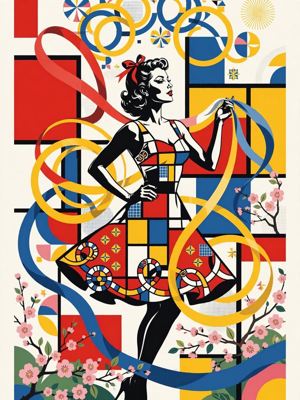 Pop art illustration of glamorous retro woman in geometric Mondrian-style dress, surrounded by ribbons and cherry blossoms