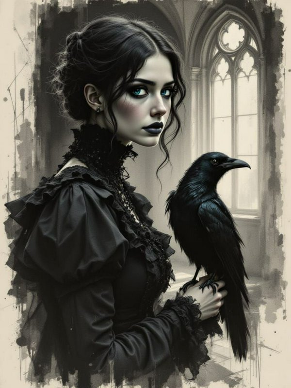 [Moody gothic portrait of a pale woman in a black lace victorian gown holding a black raven beside a gothic arched window]