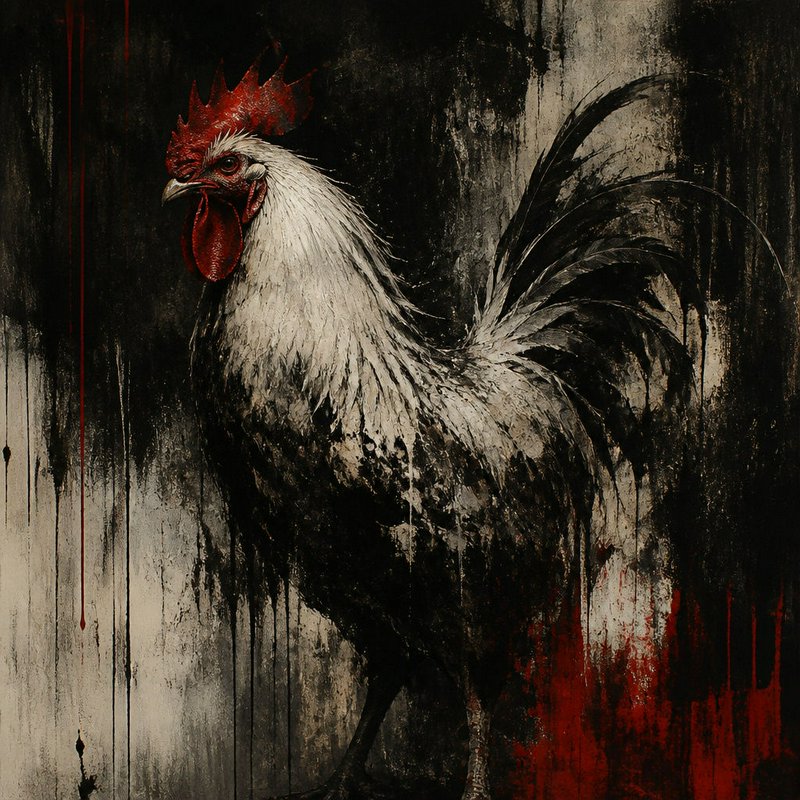 Moody textured painting of a rooster with bright red comb, against a grungy dripped paint dark ba...