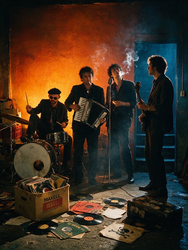 Four-member vintage band rehearses in a smoky basement scattered with vinyl records, lit by contr...