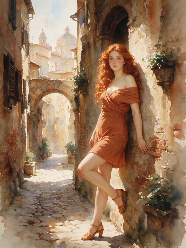 Watercolor of curly red-haired woman in terracotta dress leaning against a weathered wall in a su...