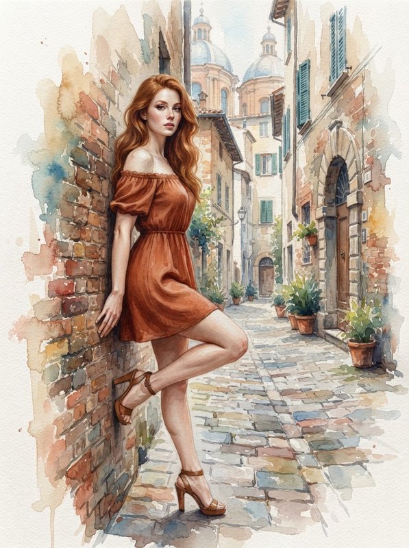 Watercolor painting of red-haired woman in a rust dress leaning on a brick wall in an old Italian cobblestone alley