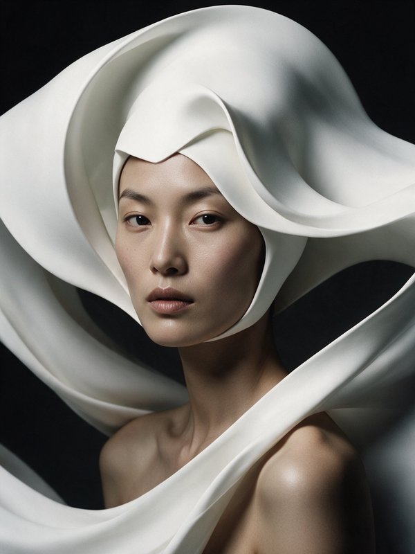 Studio portrait of East Asian woman framed by swirling sculptural white satin headwear against a ...