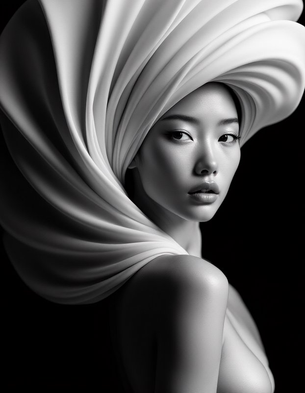 Monochrome studio portrait of an elegant East Asian woman wearing a flowing draped white silk headwrap against solid
