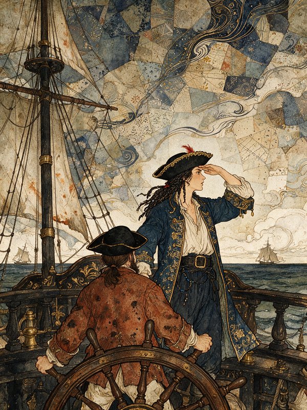 Vintage storybook illustration of female pirate captain and helmsman on sailing ship deck, scanni...