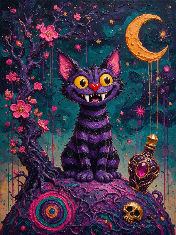 Grinning purple striped Cheshire cat sits in a whimsical surreal moonlit fantasy landscape with m...