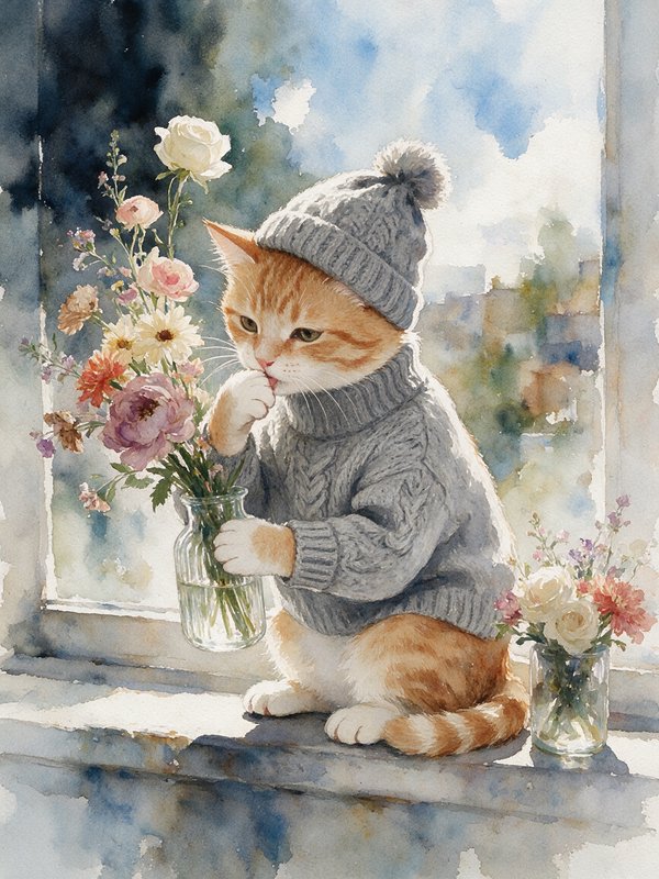 Watercolor illustration of an orange tabby cat in a grey knit sweater and beanie, holding a flowe...