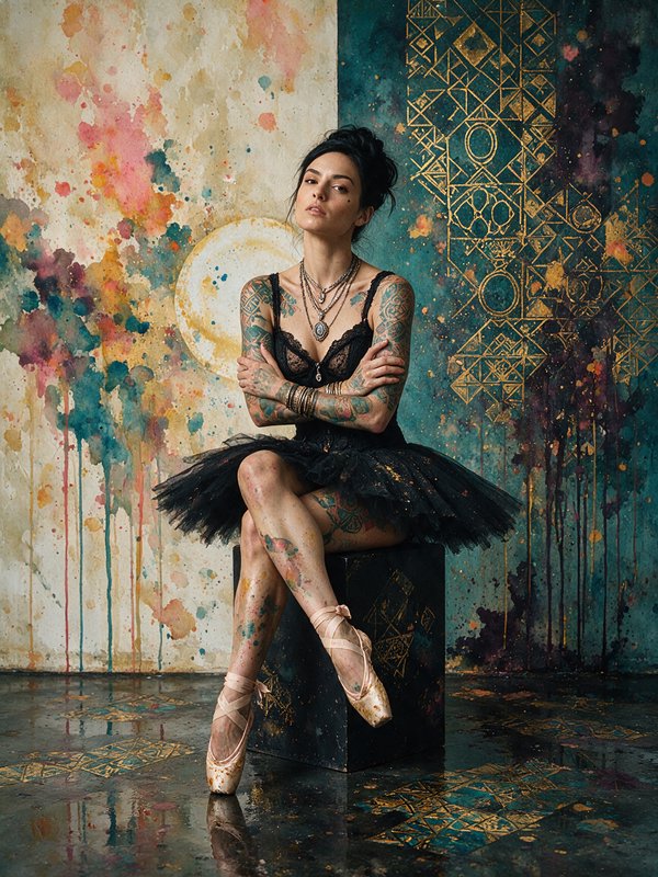 Heavily tattooed ballerina in a black tutu and pointe shoes sits with crossed arms against a vibr...