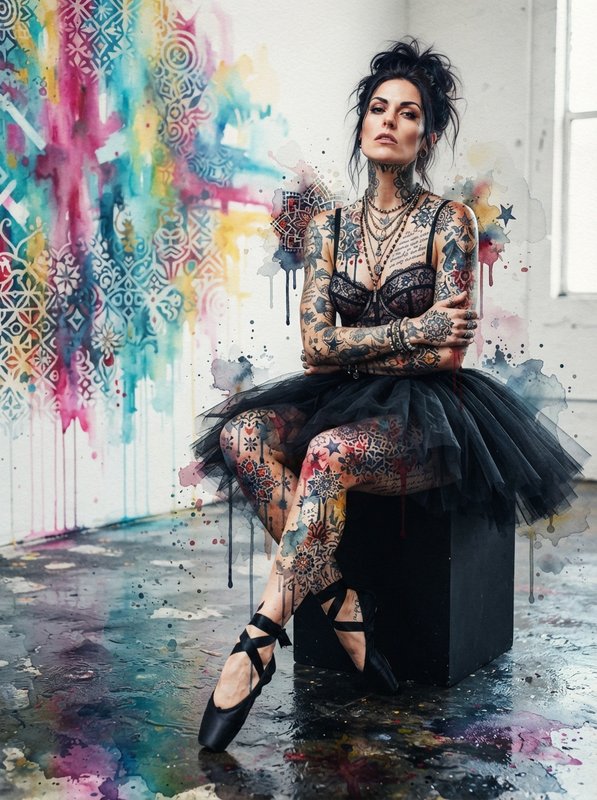 Heavily tattooed woman in a black tutu and ballet pointe shoes sits against a vibrant drippy wate...