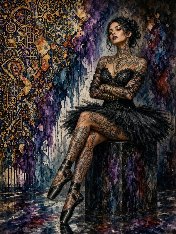 Heavily tattooed goth ballerina in a black tutu and pointe shoes sits confidently on a pedestal against an ornate