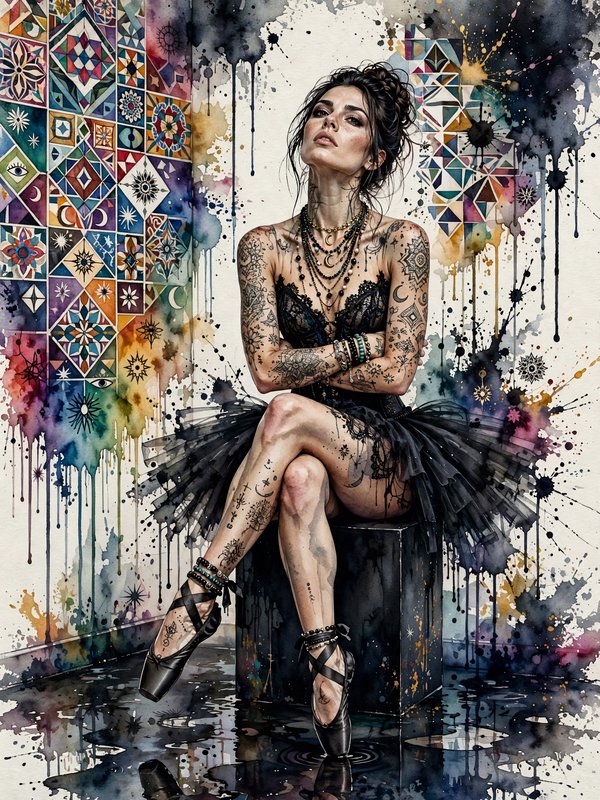 Watercolor portrait of tattooed goth ballerina in a black tutu, seated on a dark plinth against v...