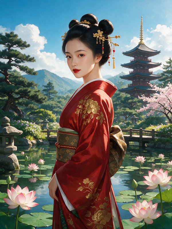 Elegant woman in gold-embroidered red kimono stands beside a lotus pond in a traditional Japanese...
