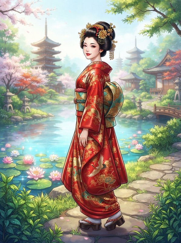 Anime illustration of an elegant geisha in an ornate red kimono standing beside a lotus pond in a...