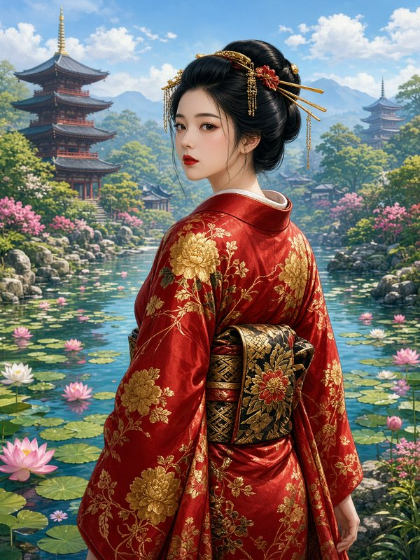 Elegant woman in gold-embroidered red kimono stands beside a lily pond in a traditional Japanese ...