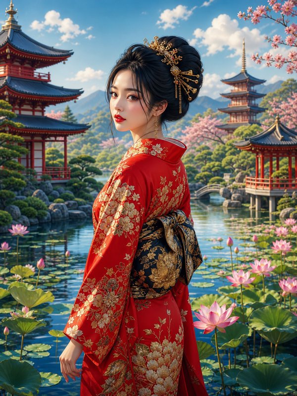 Elegant woman in a gold-embroidered red kimono stands beside a lotus pond in a traditional Japane...