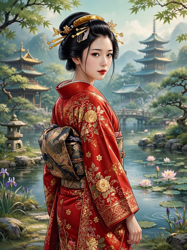 Elegant woman in ornate red kimono stands beside a lily pond in a misty traditional Japanese pago...