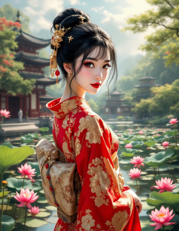 Elegant young East Asian woman in ornate red and gold traditional dress standing beside a bloomin...