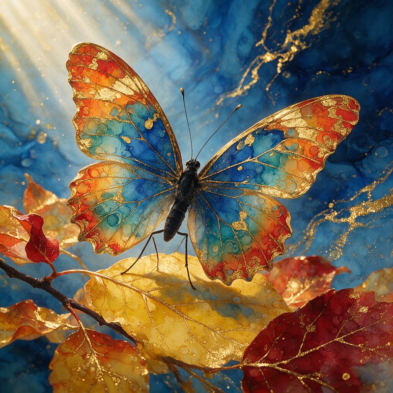 Gold-accented watercolor butterfly perched on gilded autumn leaves, sunbeams falling over a swirl...