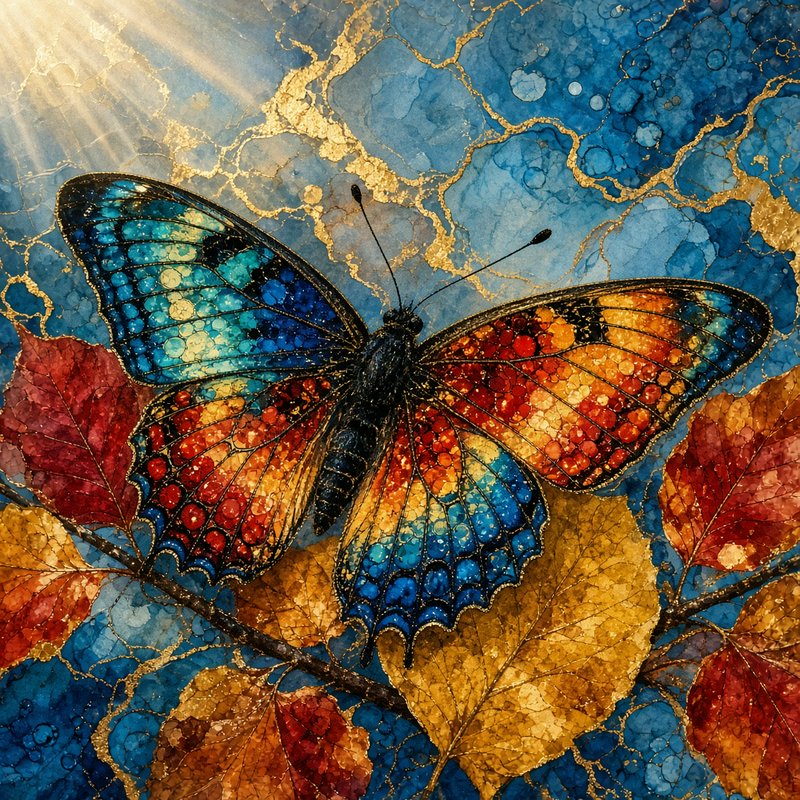 Stained-glass style jewel-toned butterfly perched on autumn leaves against a gilded blue marbled ...