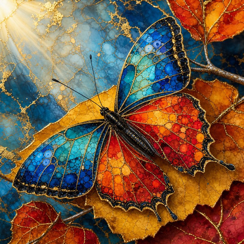 Stained-glass gradient wing butterfly perched on gilded autumn leaves, with golden sun rays over ...