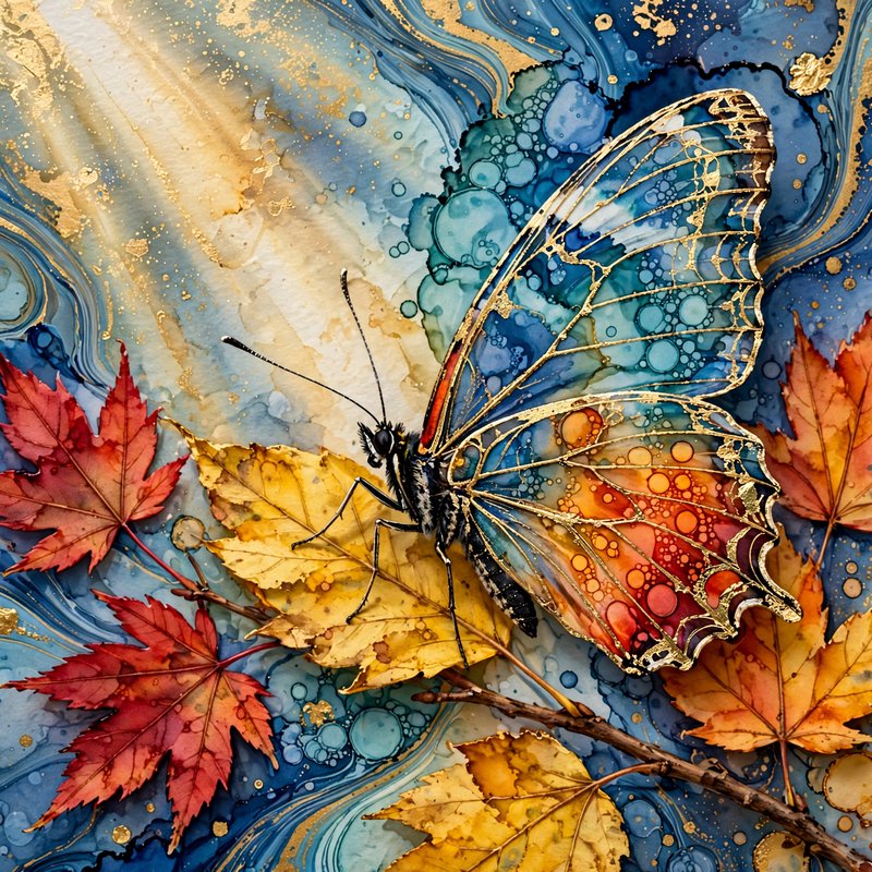 Ornate gold-edged butterfly resting on autumn maple leaves against swirling blue and gold alcohol...