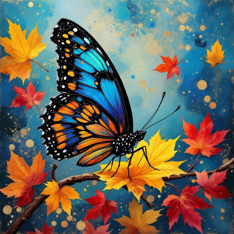 Vibrant blue and orange patterned butterfly perched on golden autumn maple leaf, surrounded by fa...