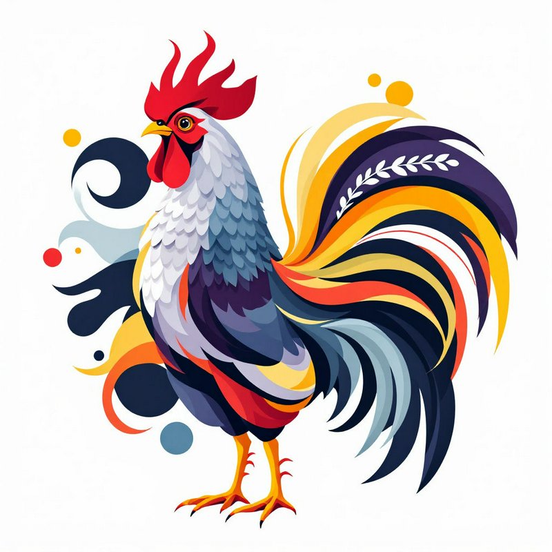 Vibrant stylized rooster illustration with colorful flowing feathers and abstract decorative acce...