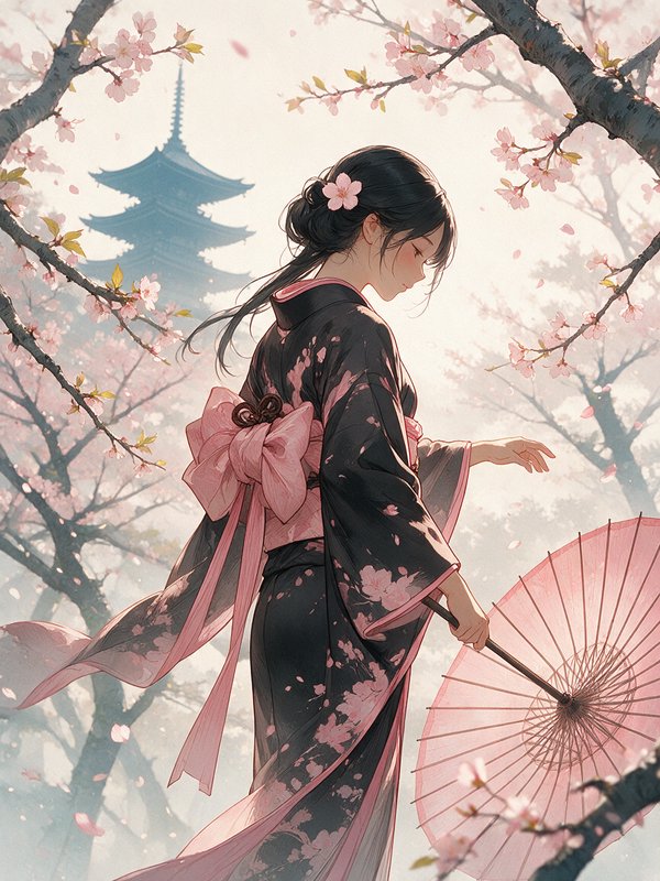Anime style young woman in black cherry blossom kimono holds pink paper umbrella beneath blooming...