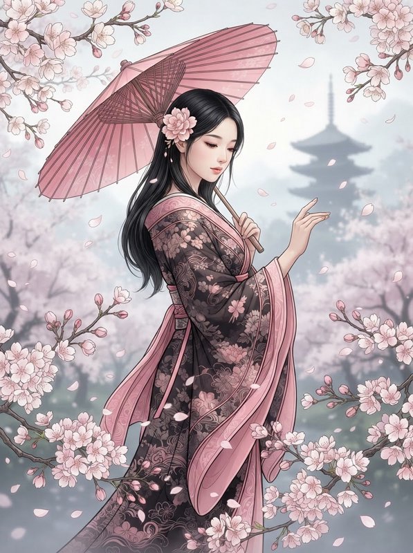 Elegant woman in floral kimono holds pink traditional parasol, surrounded by blooming cherry blos...