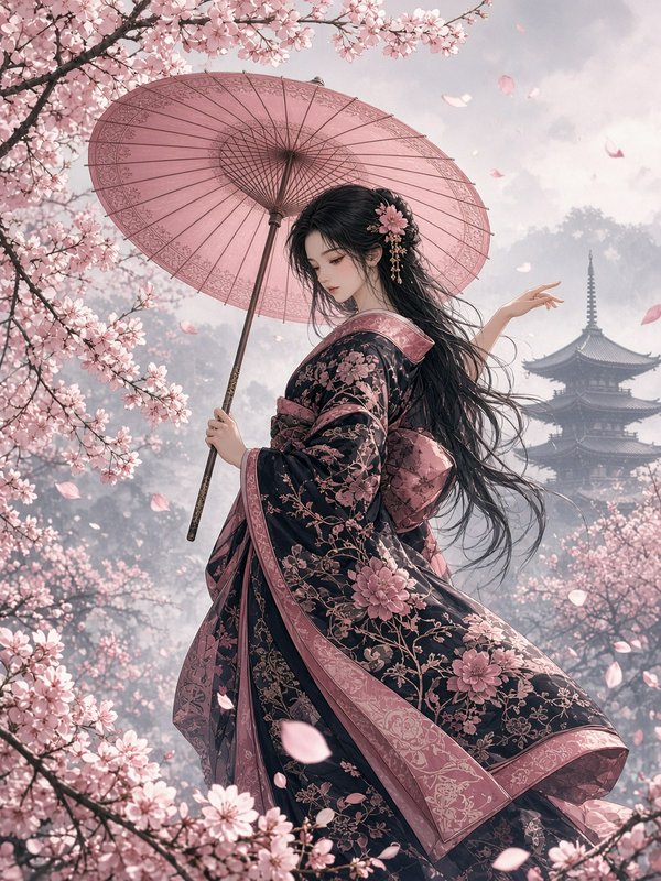 Elegant woman in embroidered floral kimono holds a pink paper parasol amid falling cherry blossom...