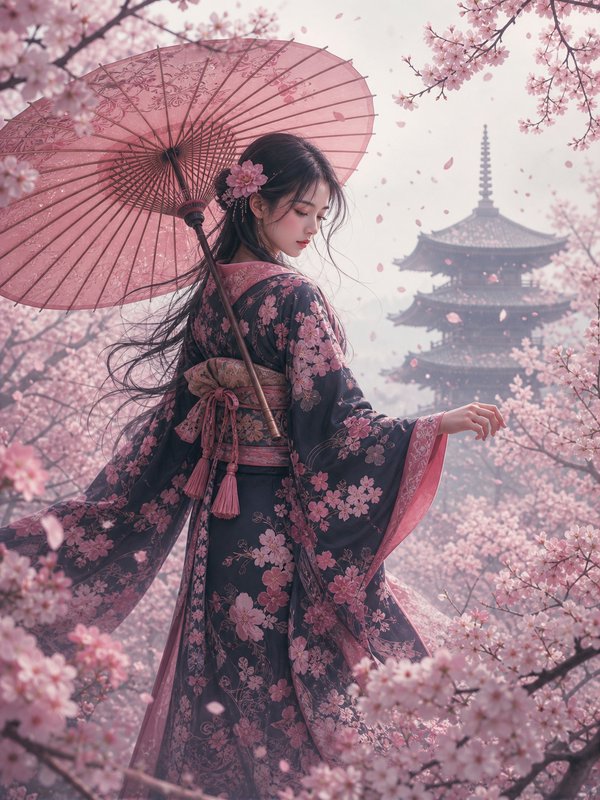Elegant young woman in cherry blossom kimono holds pink wagasa parasol, standing among blooming s...