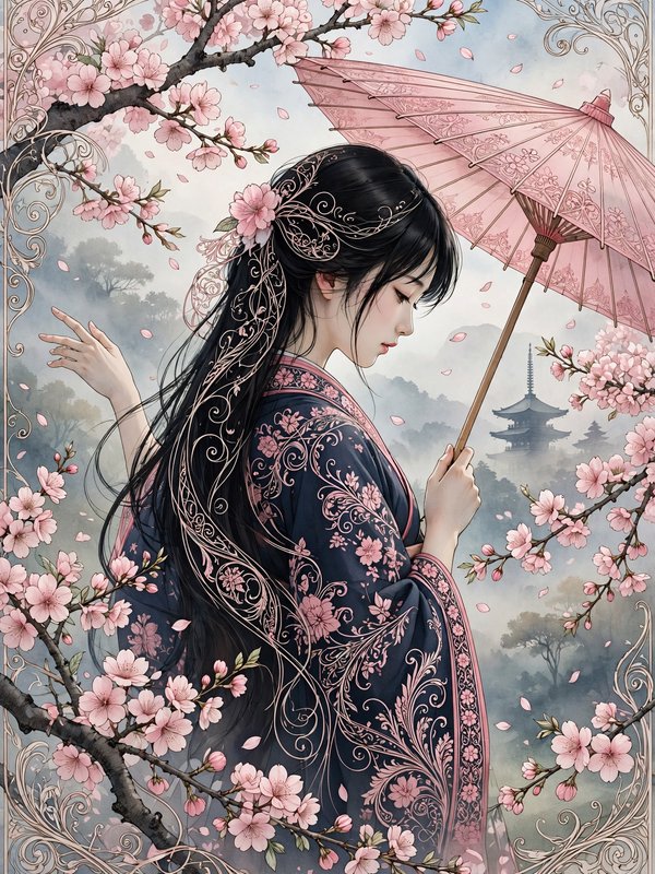 Ethereal illustration of graceful woman in embroidered kimono holding pink paper umbrella amid bl...